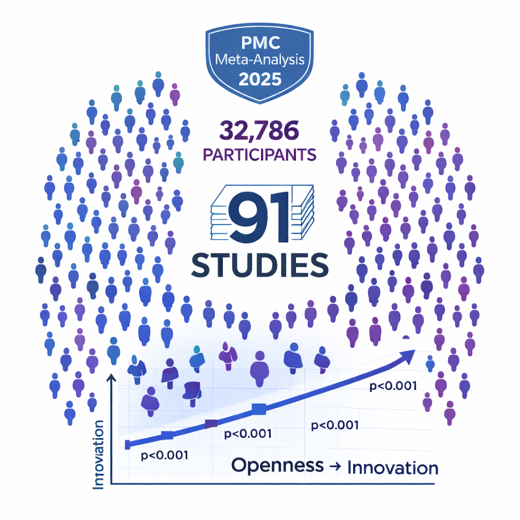 Openness Pencari Ide Baru 2026: Panduan Lengkap! 3 Visualisasi meta-analisis PMC September 2025 dari 91 penelitian dengan 32.786
partisipan mengonfirmasi Openness sebagai prediktor perilaku inovatif paling
konsisten dalam model Big Five kepribadian