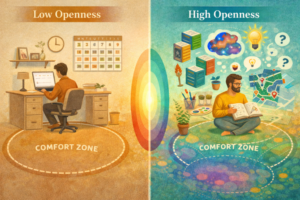 Openness Pencari Ide Baru 2026: Panduan Lengkap! 4 Perbandingan karakteristik individu Openness rendah yang menyukai rutinitas
konsisten versus Openness tinggi yang merangkul variasi dan perubahan tanpa
menyiratkan satu lebih baik dari lainnya dalam psikologi kepribadian