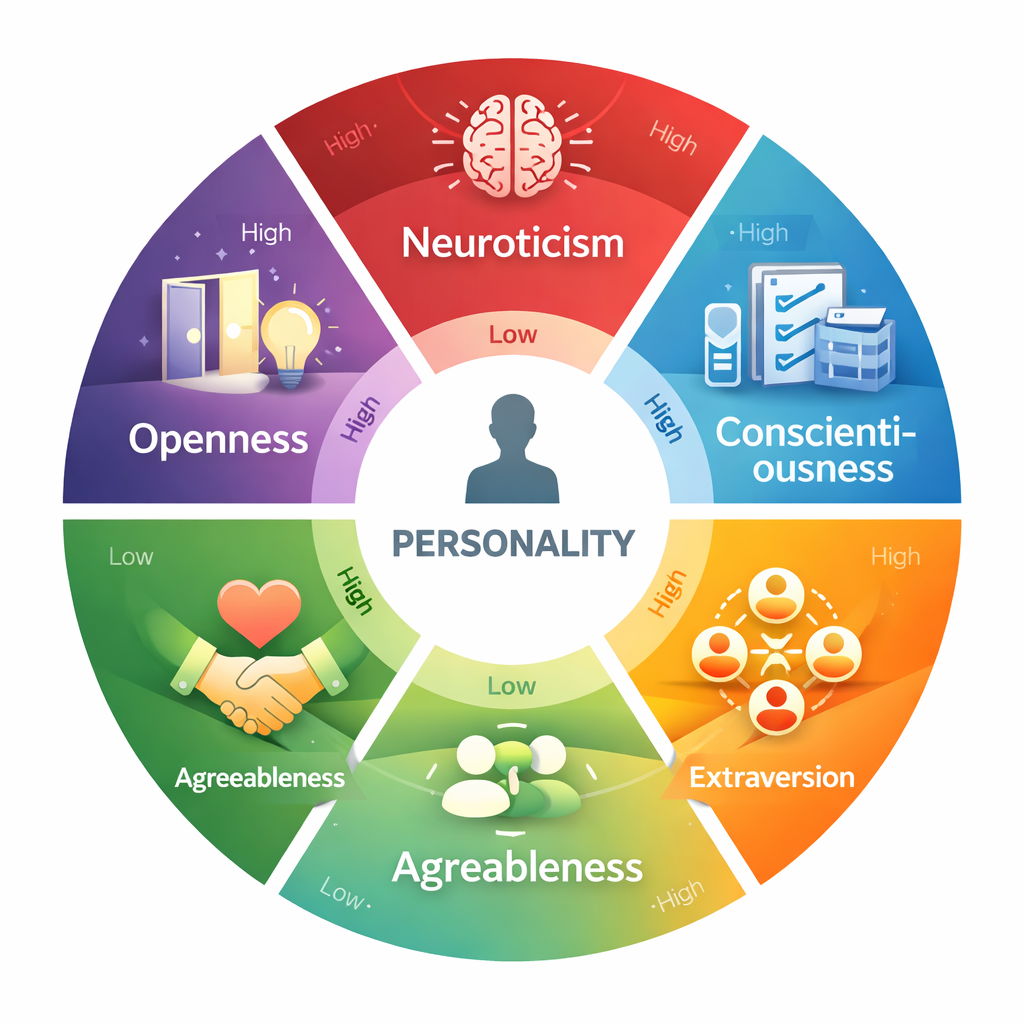 Openness Pencari Ide Baru 2026: Panduan Lengkap! 1 Diagram Big Five personality traits model OCEAN: Openness, Conscientiousness,
Extraversion, Agreeableness, Neuroticism sebagai lima dimensi kepribadian
utama dalam psikologi kepribadian berdasarkan riset psikometri global