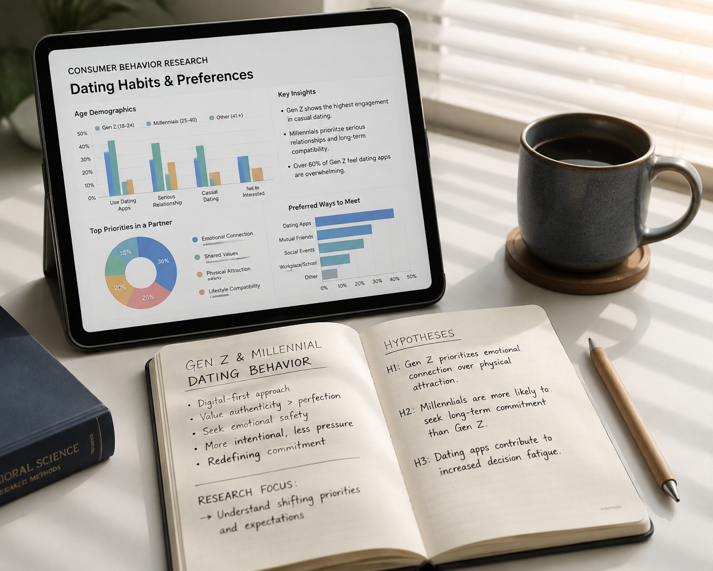 Infografik data riset perilaku aplikasi kencan dan buku kajian psikologi relasi modern di meja kerja.