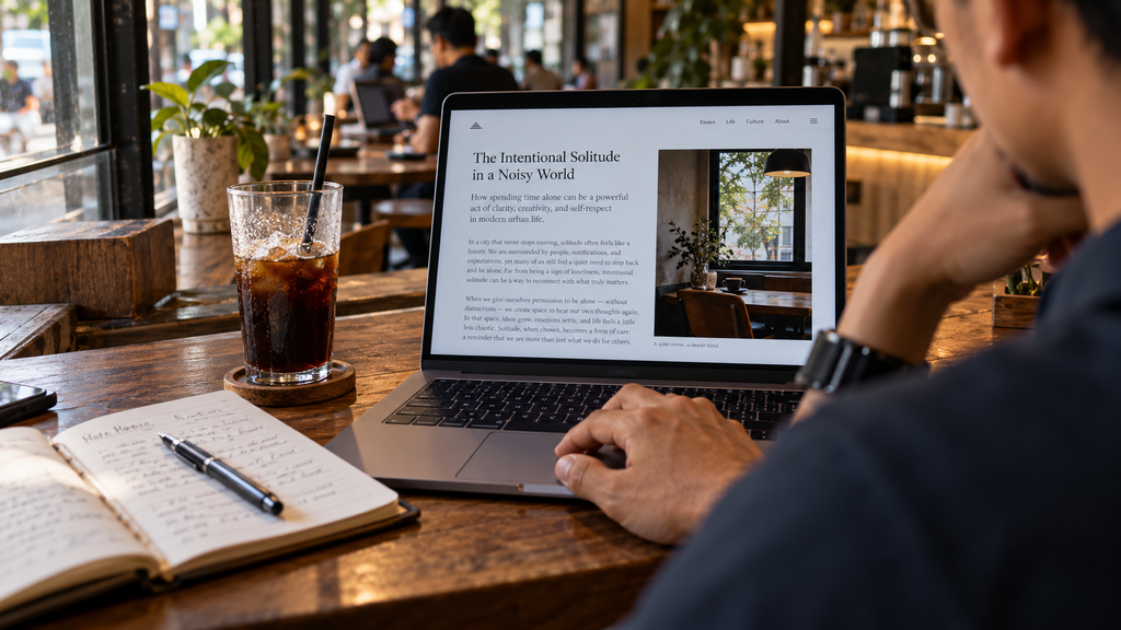 Solo Table Theory, Fenomena Makan Sendiri yang Ramai di Medsos 2 Layar laptop menampilkan teks esai digital tentang Solo Table Theory di atas meja kerja kedai kopi.
