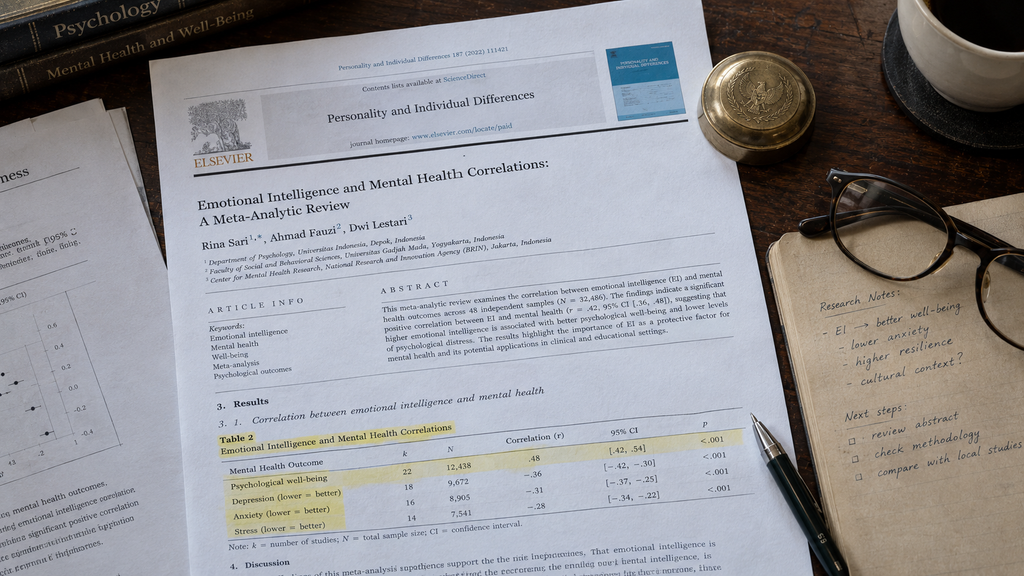 Tumpukan jurnal psikologi klinis yang membahas meta-analisis kaitan antara kecerdasan emosi dan kesehatan mental di atas meja peneliti.