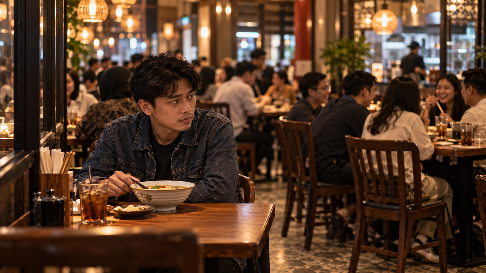 Solo Table Theory, Fenomena Makan Sendiri yang Ramai di Medsos 3 Seorang pria muda duduk sendirian di restoran ramai merasakan kecanggungan sosial dan antisipasi penilaian sekitar.