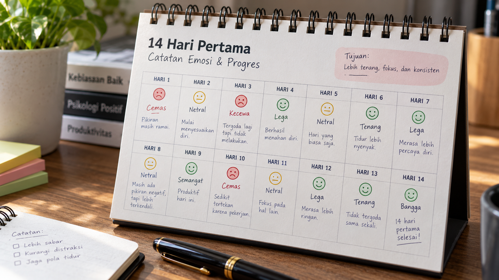 Kalender meja yang digunakan sebagai pelacak progres harian latihan EQ selama 14 hari untuk membangun kebiasaan emosional yang sehat.