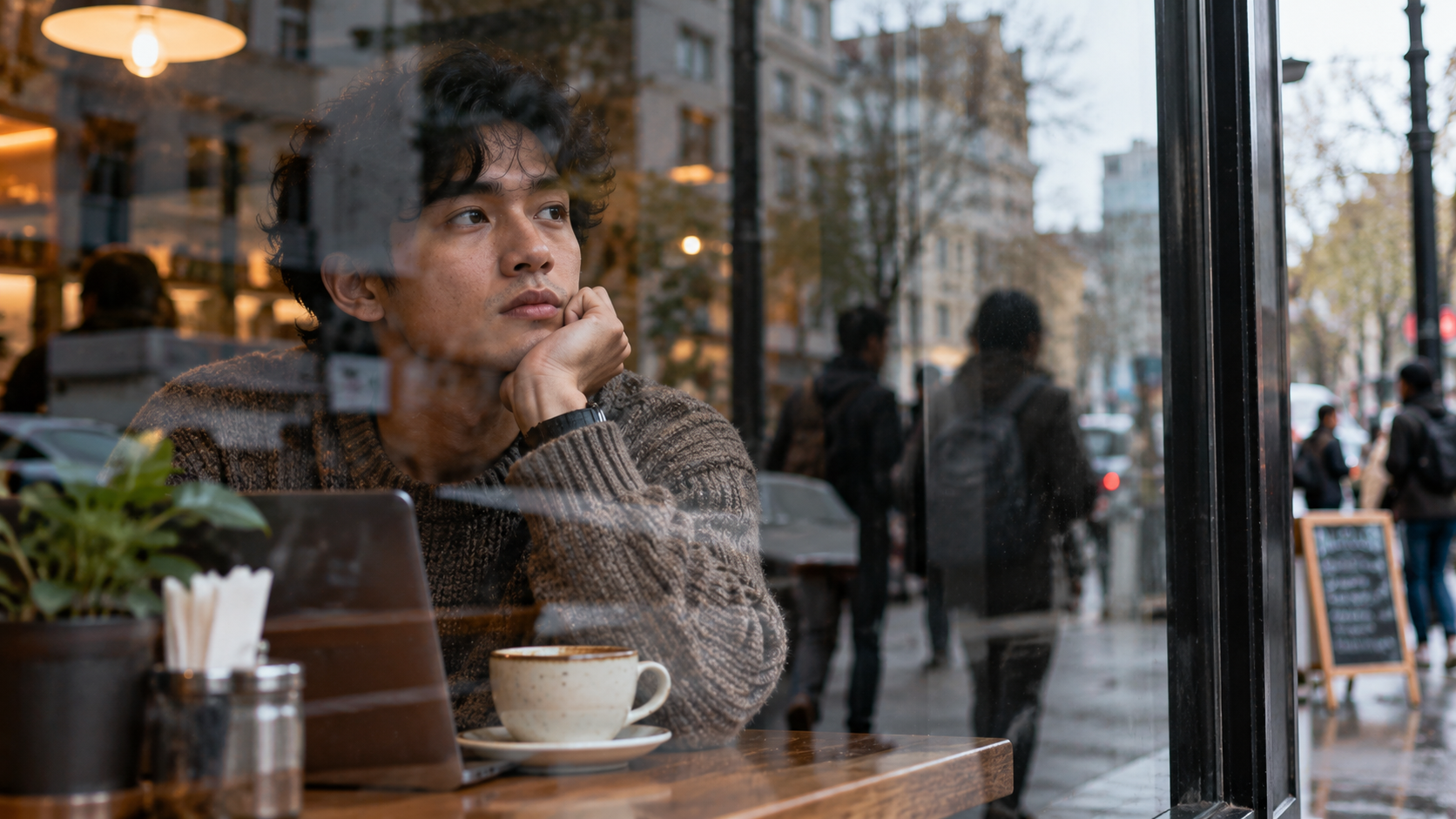 Solo Table Theory, Fenomena Makan Sendiri yang Ramai di Medsos 4 Seseorang duduk di tengah kafe yang ramai sementara pengunjung lain sibuk dengan aktivitas masing-masing.