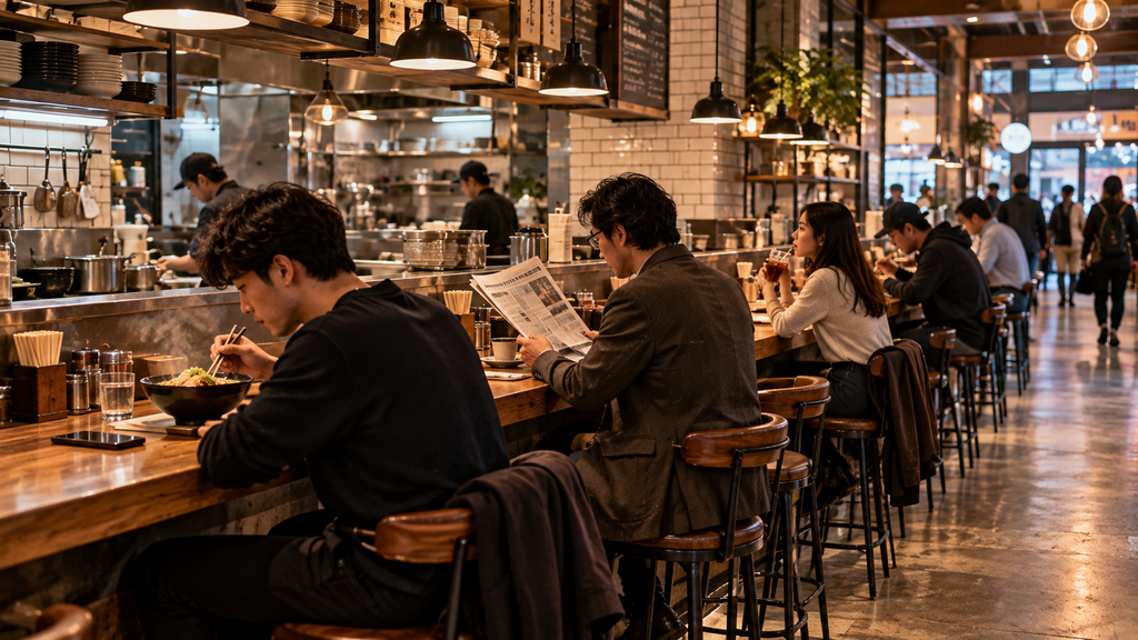 Solo Table Theory, Fenomena Makan Sendiri yang Ramai di Medsos 9 Deretan suasana bersantap mandiri dari counter bar kafe hingga meja makan restoran santai.