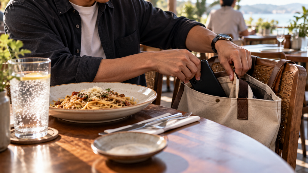 Solo Table Theory, Fenomena Makan Sendiri yang Ramai di Medsos 10 Seseorang secara sadar memasukkan ponsel ke dalam tas jinjing sebelum menikmati hidangan di meja kafe.