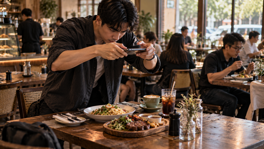Solo Table Theory, Fenomena Makan Sendiri yang Ramai di Medsos 11 Seseorang sibuk mengatur sudut kamera ponsel untuk konten media sosial daripada menikmati suasana makan sendiri.